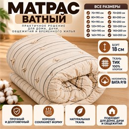 Матрас ватный 18 см борт в ткани тик ГОСТТЕКСТИЛЬ
